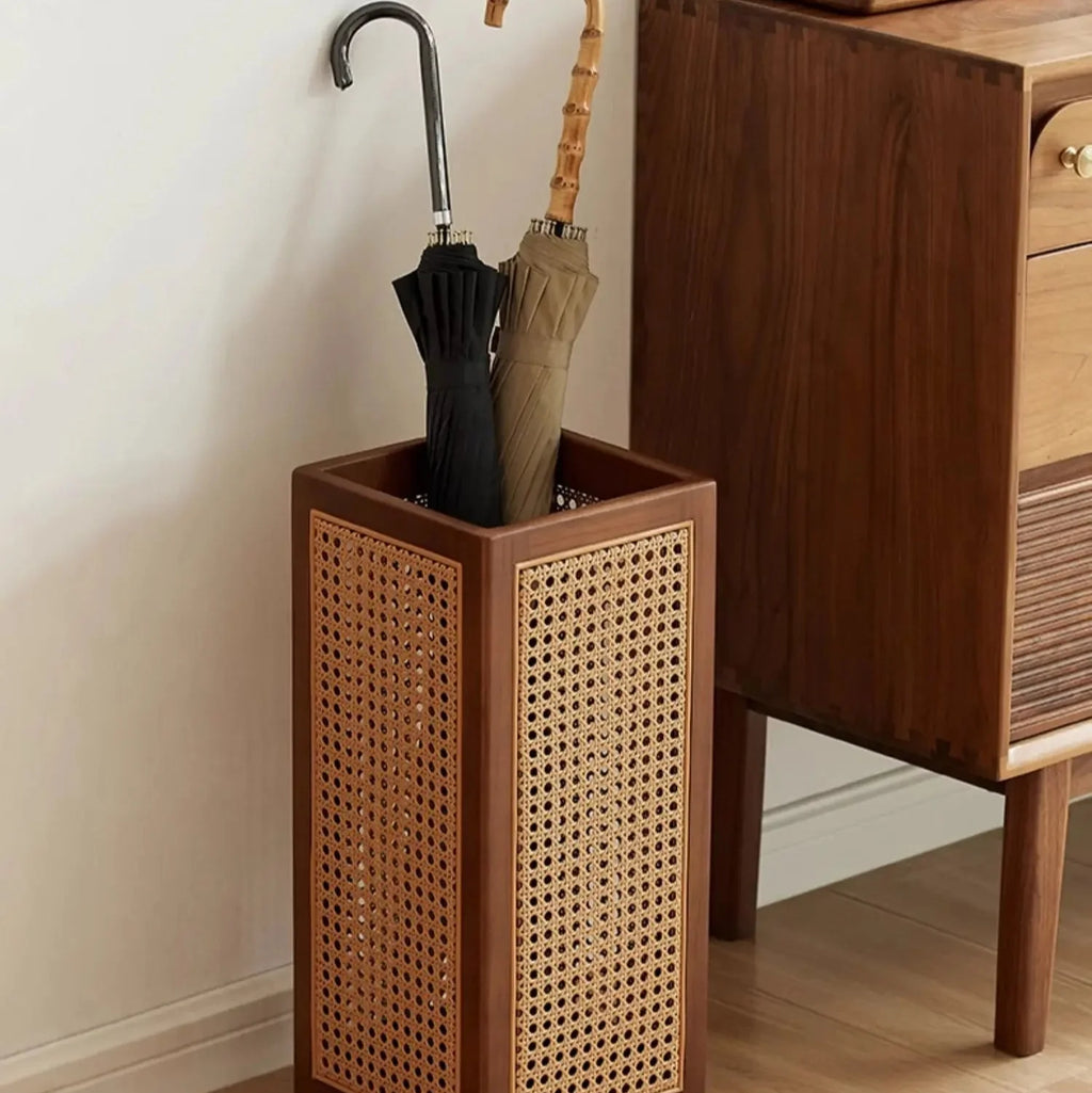 Umbrella Stand | Rubberwood Frame & Rattan Weave | 20 In Height