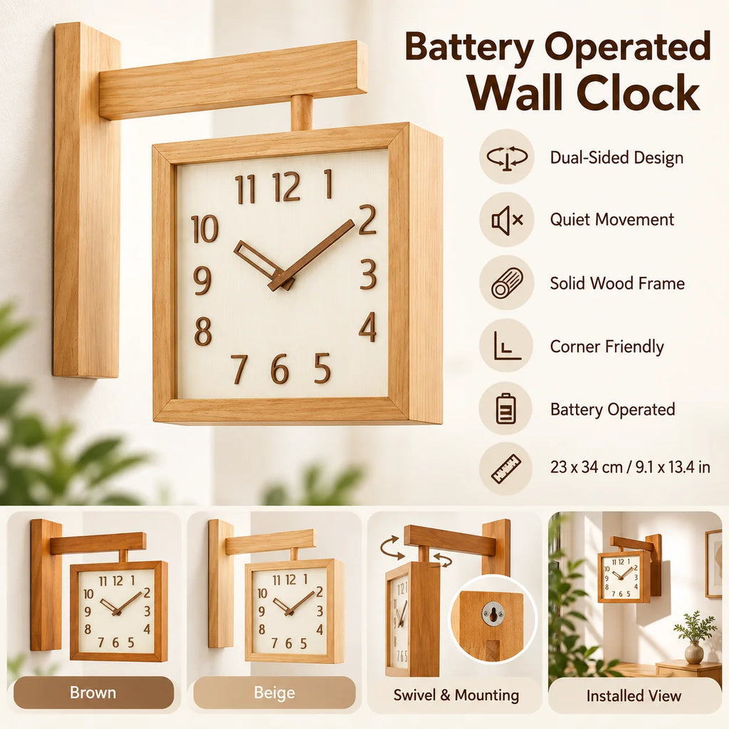 Wall Clock | Dual-Sided Wooden Analog & Quiet Pendulum