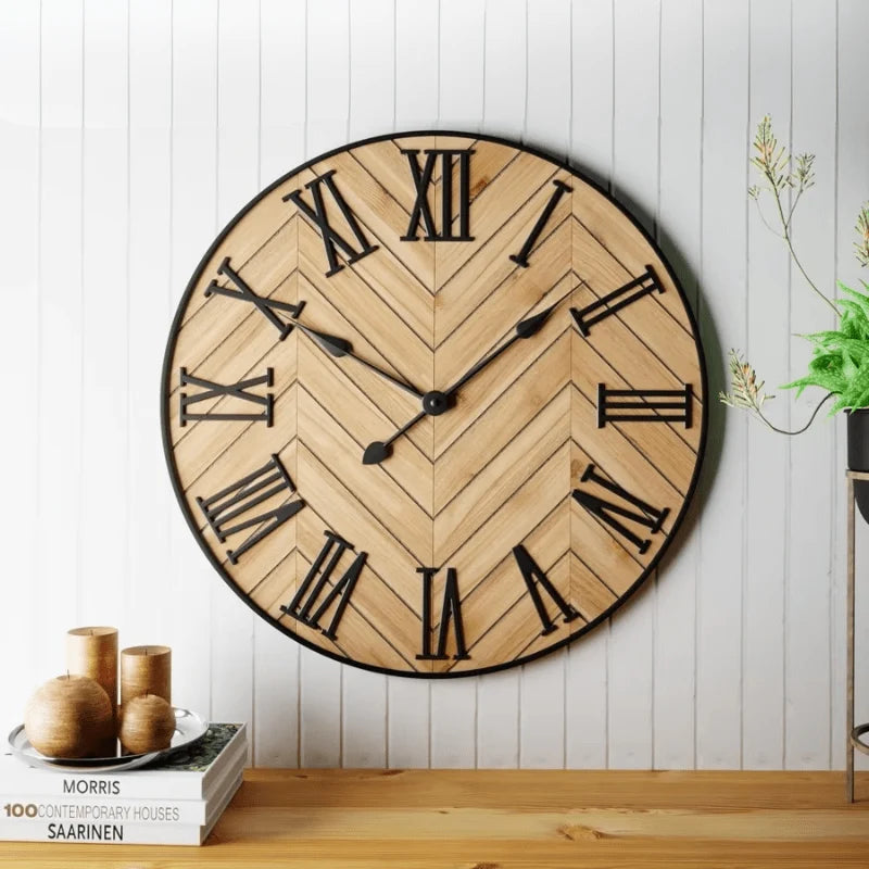 Wall Clock | Wood & Metal With Roman Numerals | 30 cm