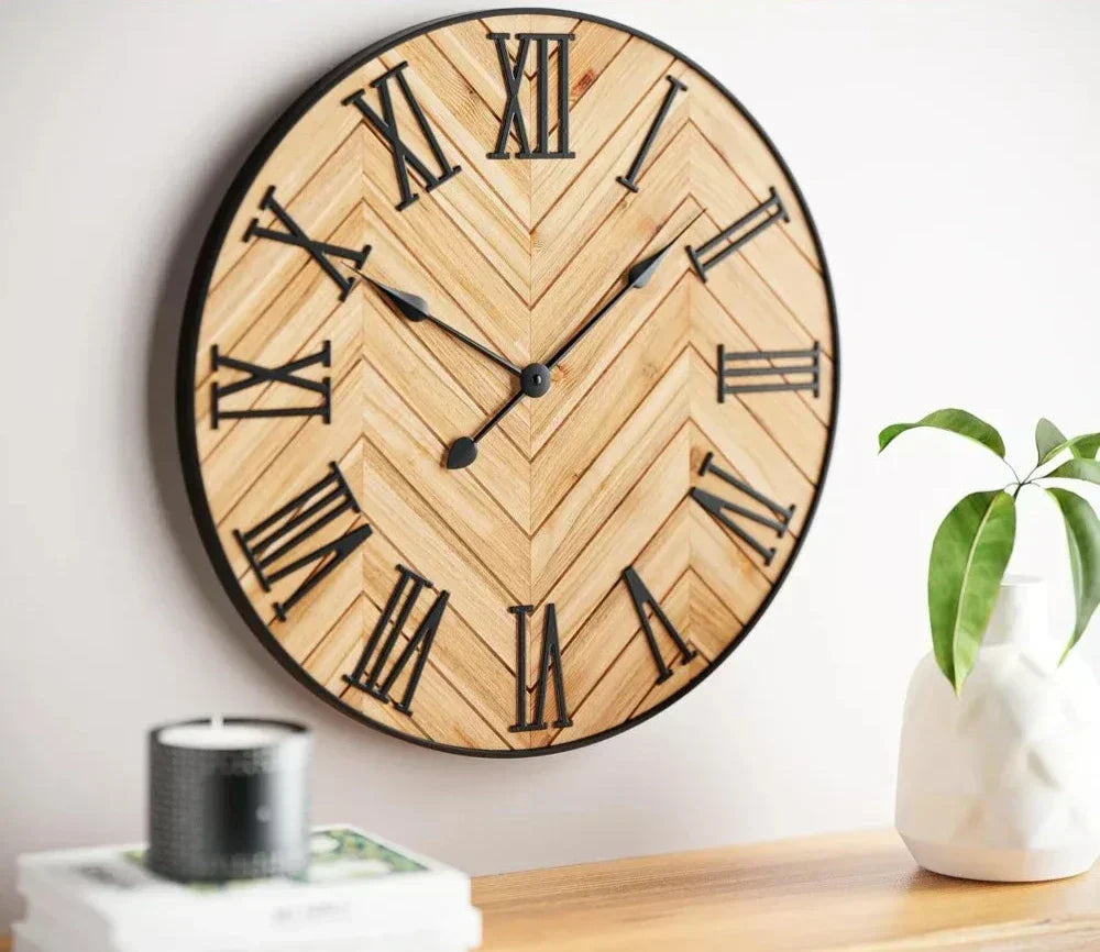 Wall Clock | Wood & Metal With Roman Numerals | 30 cm