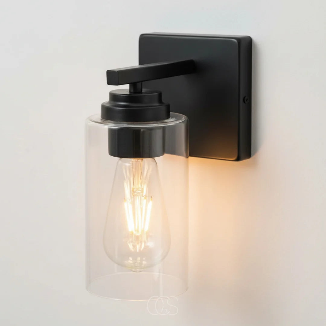 Wall Lamp | Clear Glass Shade & Matte Black Metal | E27 Fitting