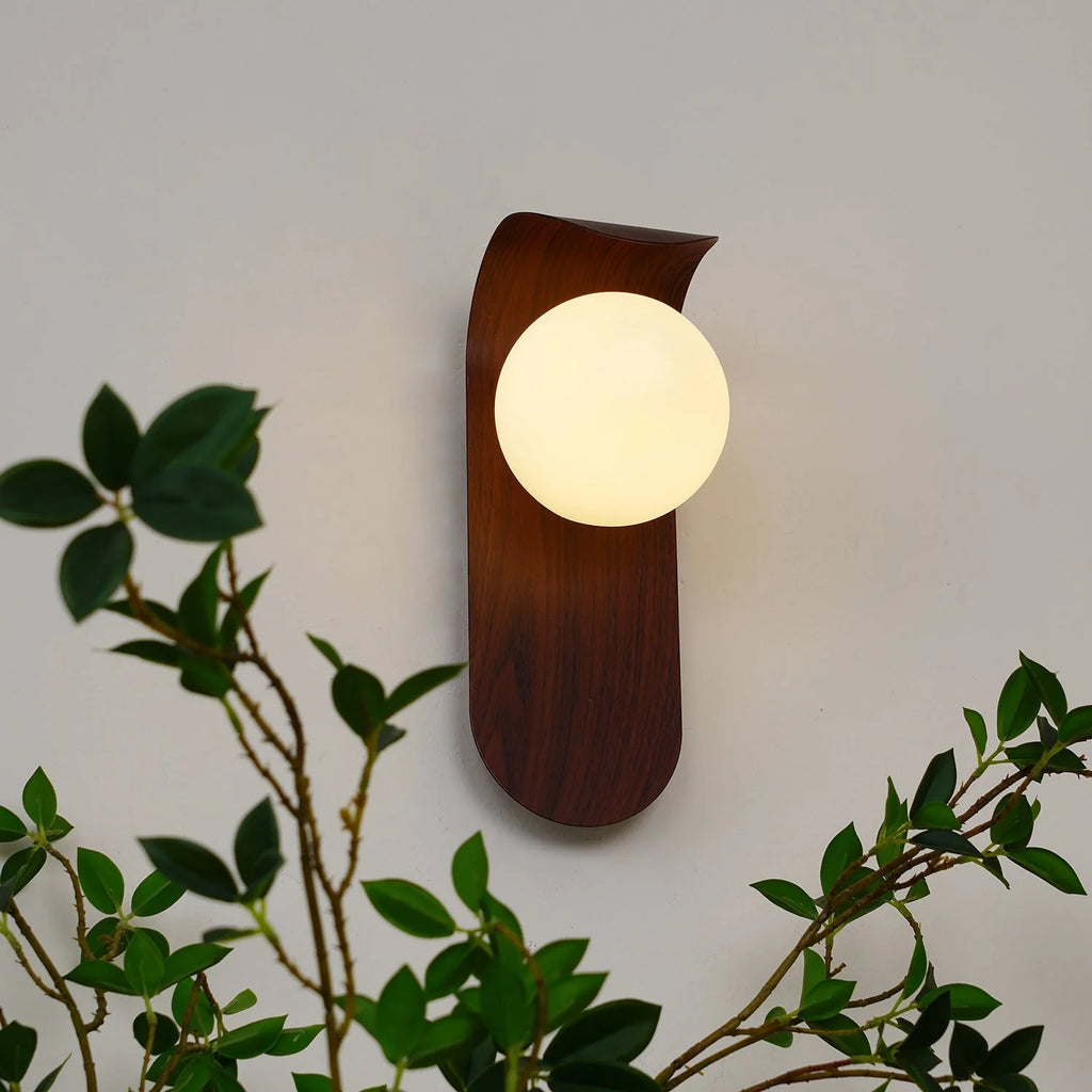 Wall Lamp | Curved Wood-Effect Base & Glass Globe