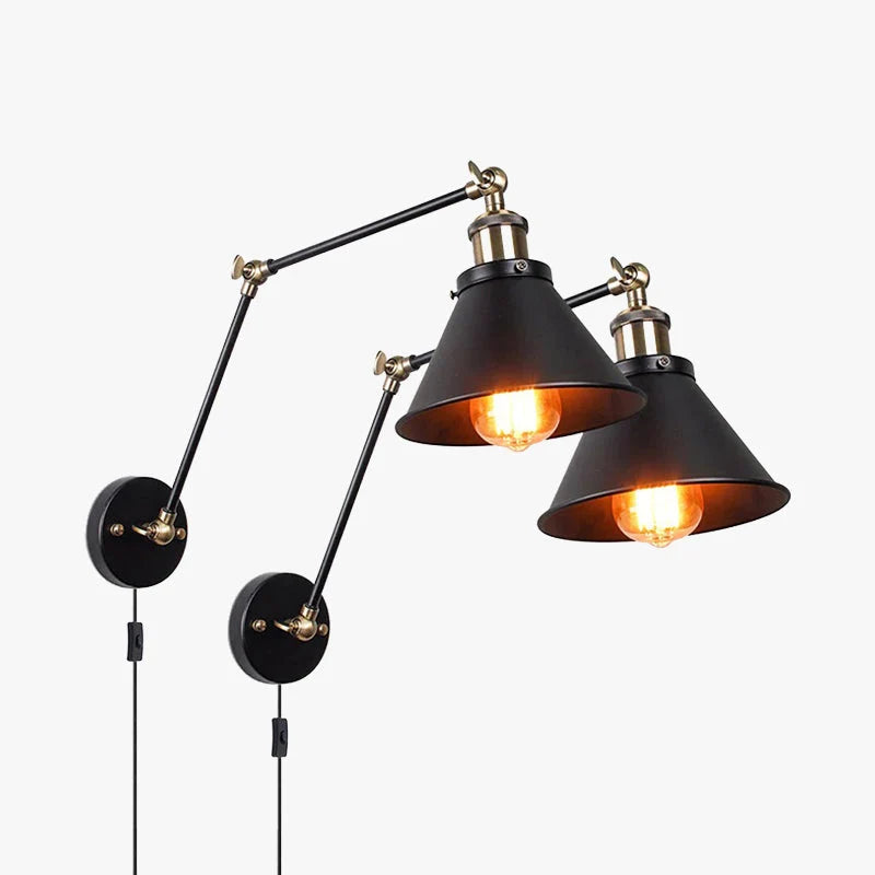 Wall Lamp | Metal Cone Shade & Adjustable Swing Arm | Black & Gold