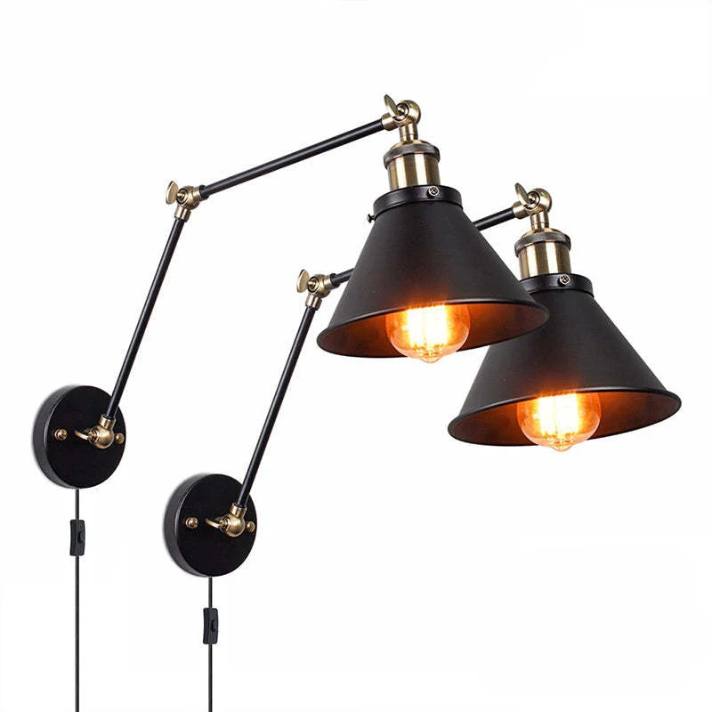 Wall Lamp | Metal Cone Shade & Adjustable Swing Arm | Black & Gold