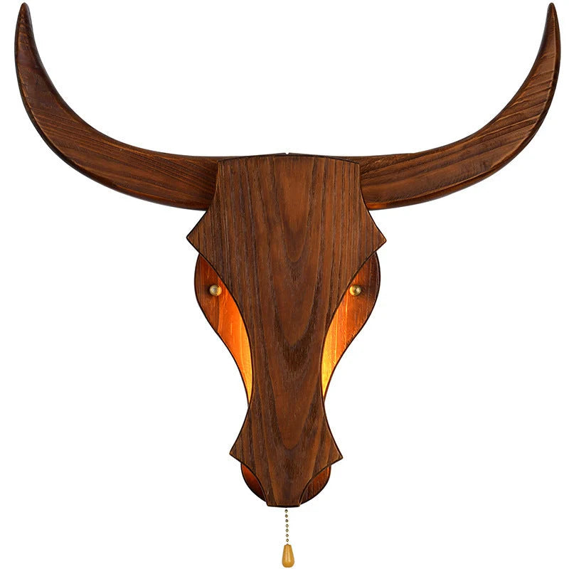 Wall Lamp | Rustic Solid Wood Cow Head & Built-In LED | 52 cm Wide