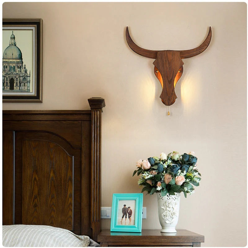 Wall Lamp | Rustic Solid Wood Cow Head & Built-In LED | 52 cm Wide