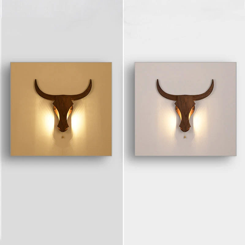 Wall Lamp | Rustic Solid Wood Cow Head & Built-In LED | 52 cm Wide