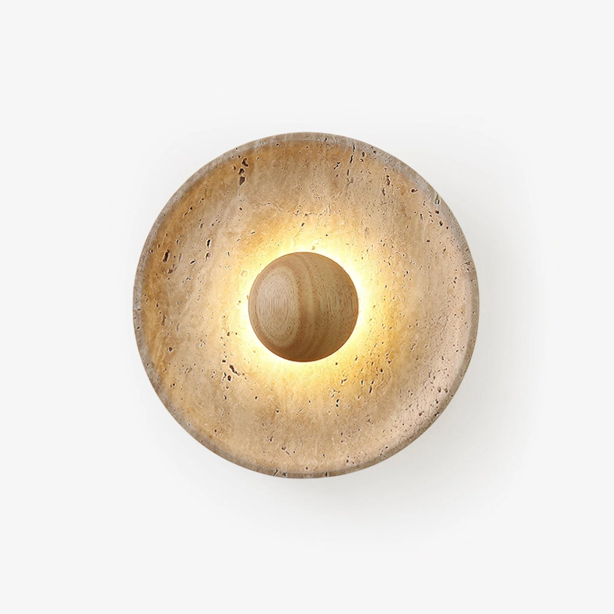 Wall Lamp | Travertine Disc & Wood Sphere | Integrated LED