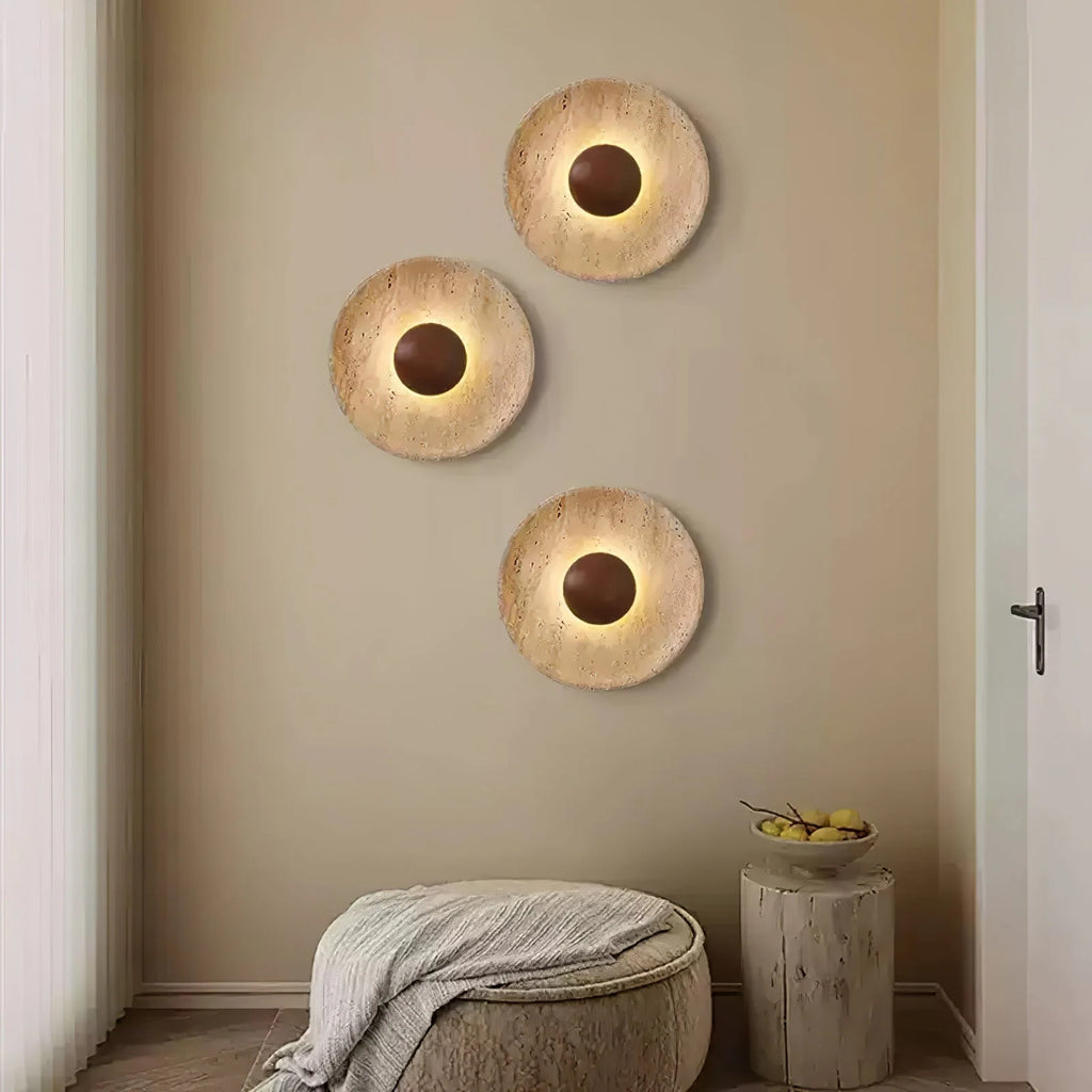 Wall Lamp | Travertine Disc & Wood Sphere | Integrated LED