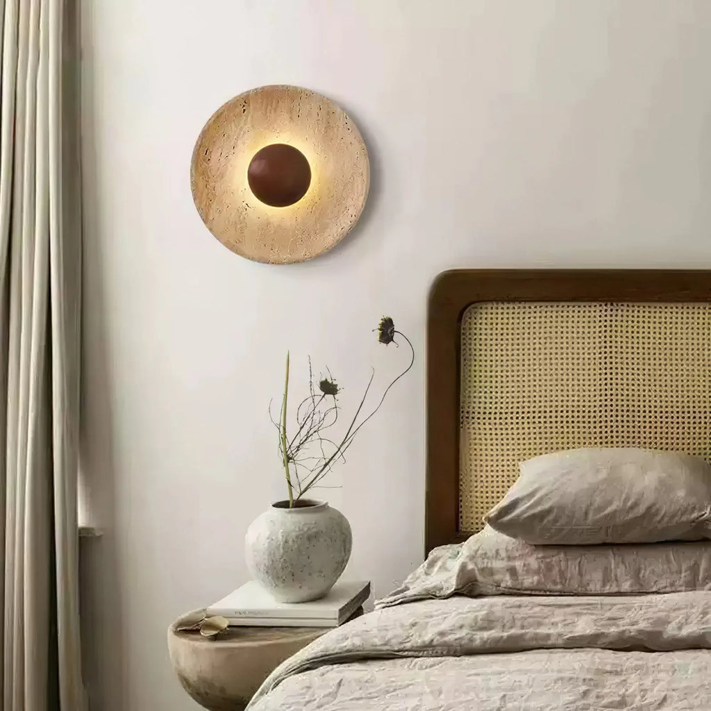 Wall Lamp | Travertine Disc & Wood Sphere | Integrated LED