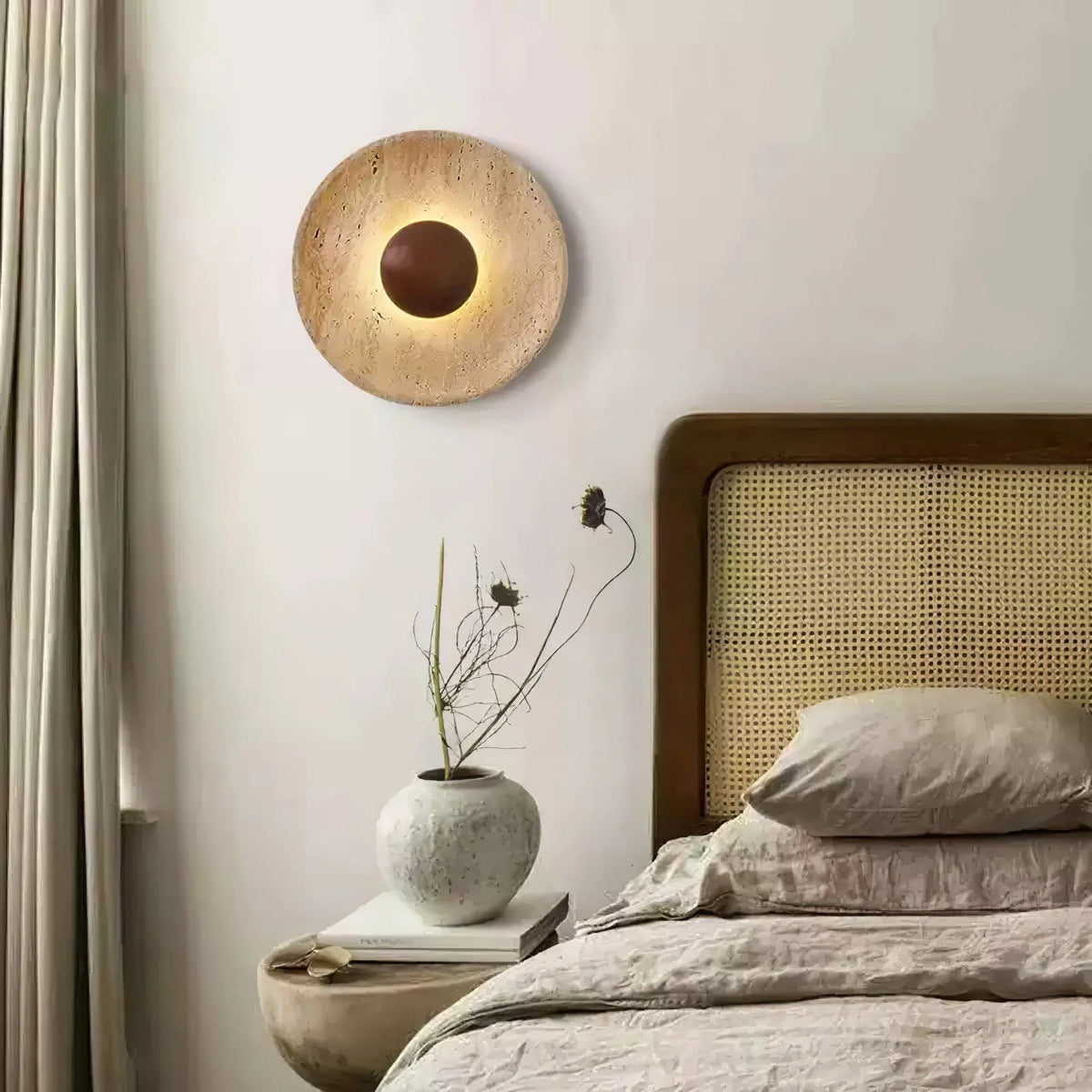 Wall Lamp | Travertine Disc & Wood Sphere | Integrated LED
