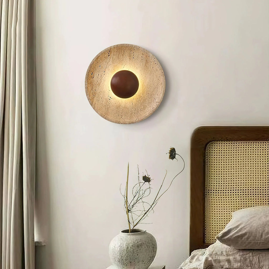 Wall Lamp | Travertine Disc & Wood Sphere | Integrated LED
