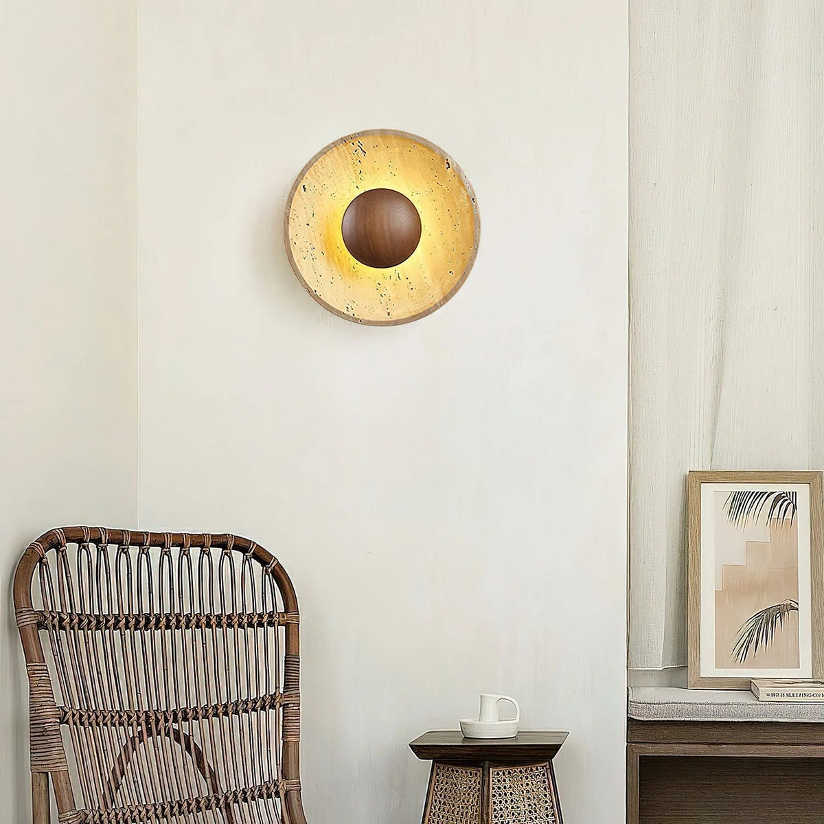 Wall Lamp | Travertine Disc & Wood Sphere | Integrated LED