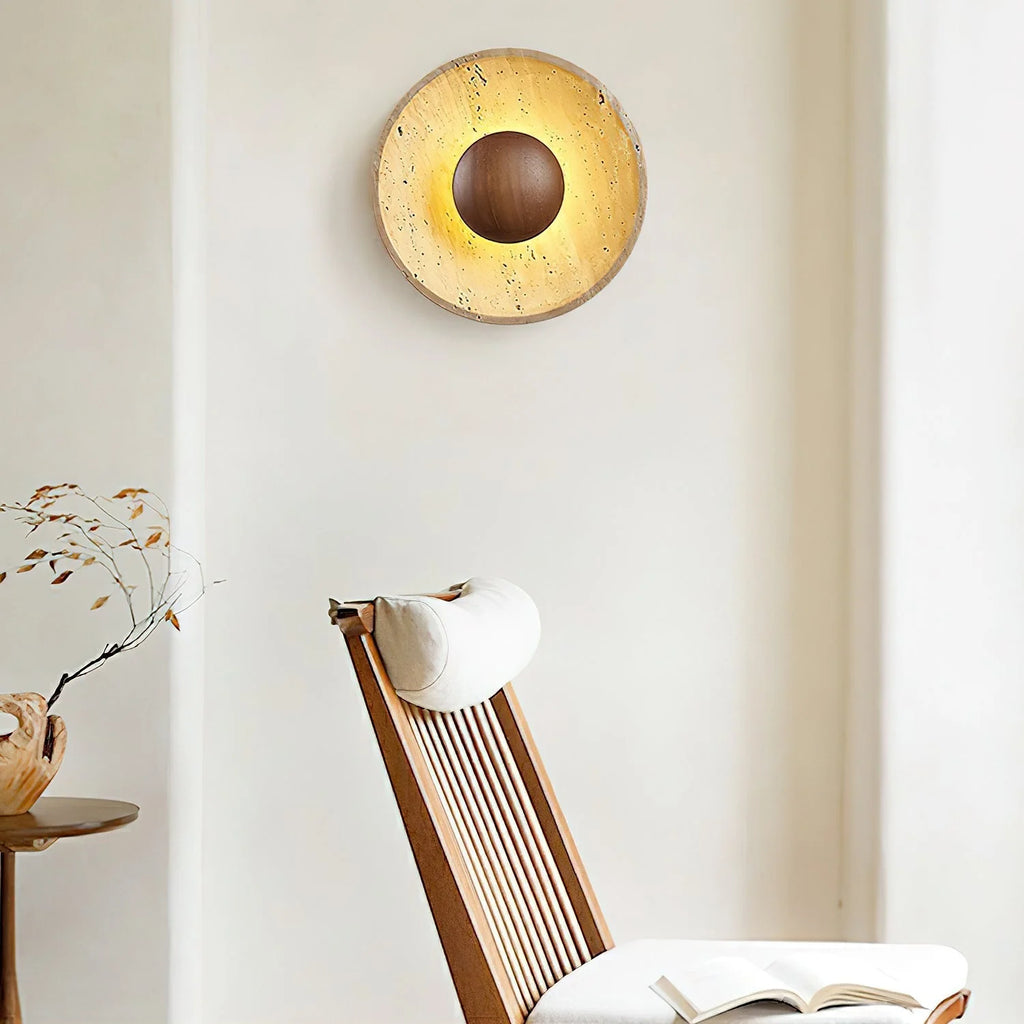 Wall Lamp | Travertine Disc & Wood Sphere | Integrated LED