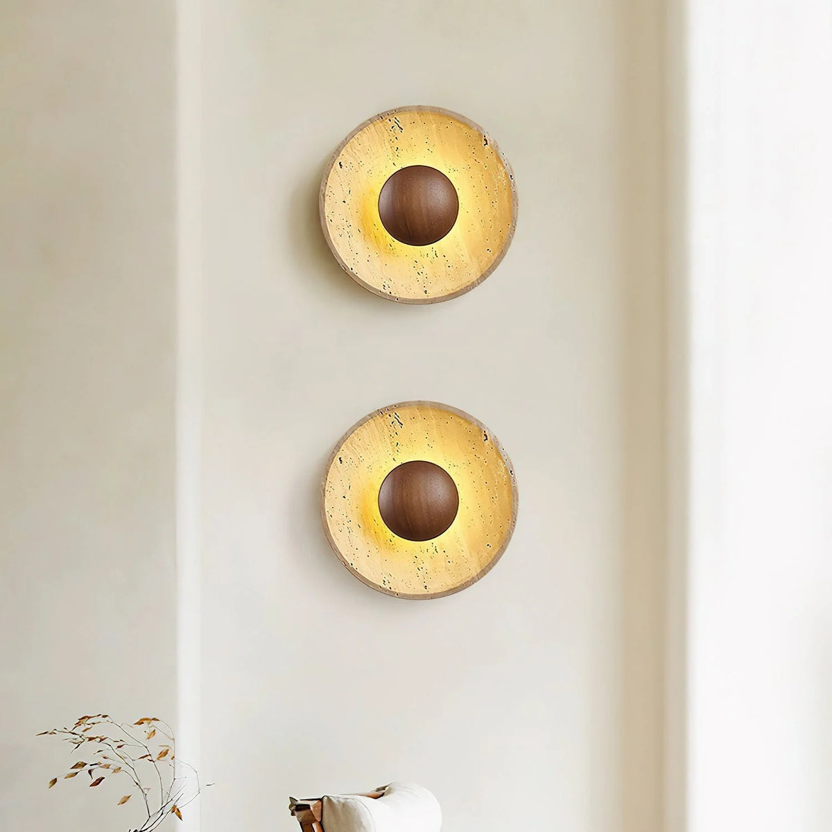 Wall Lamp | Travertine Disc & Wood Sphere | Integrated LED