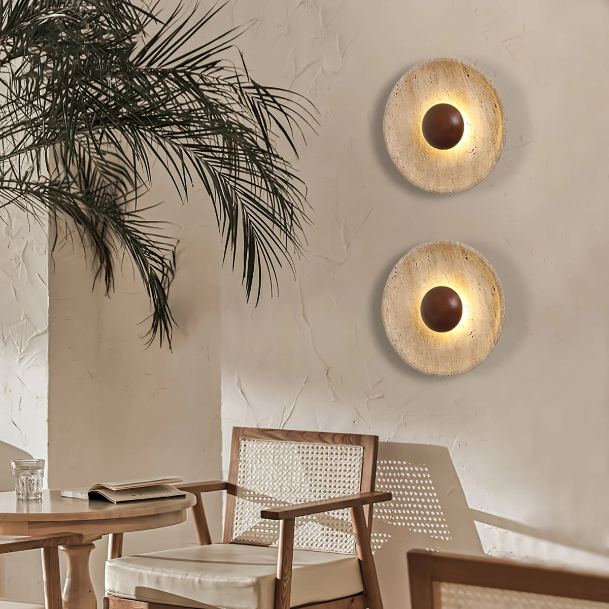 Wall Lamp | Travertine Disc & Wood Sphere | Integrated LED
