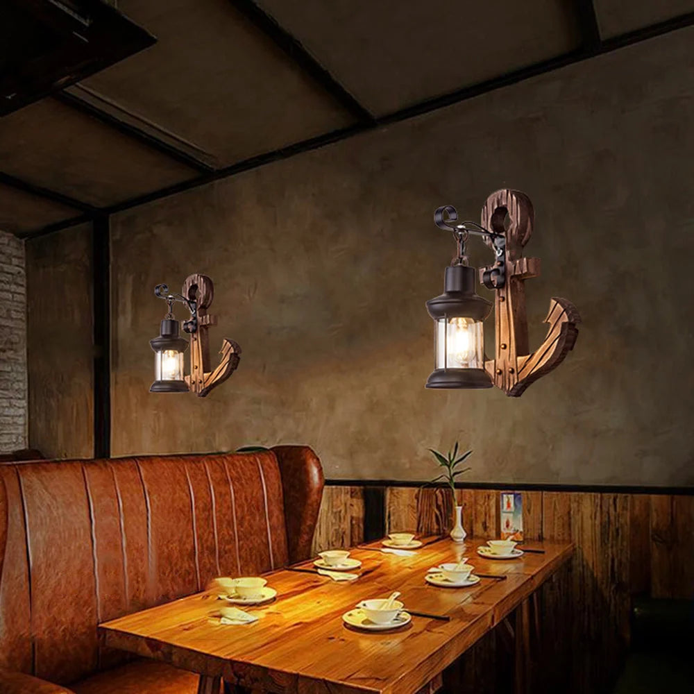 Wall Lamp | Vintage Anchor Lantern & Pine Wood