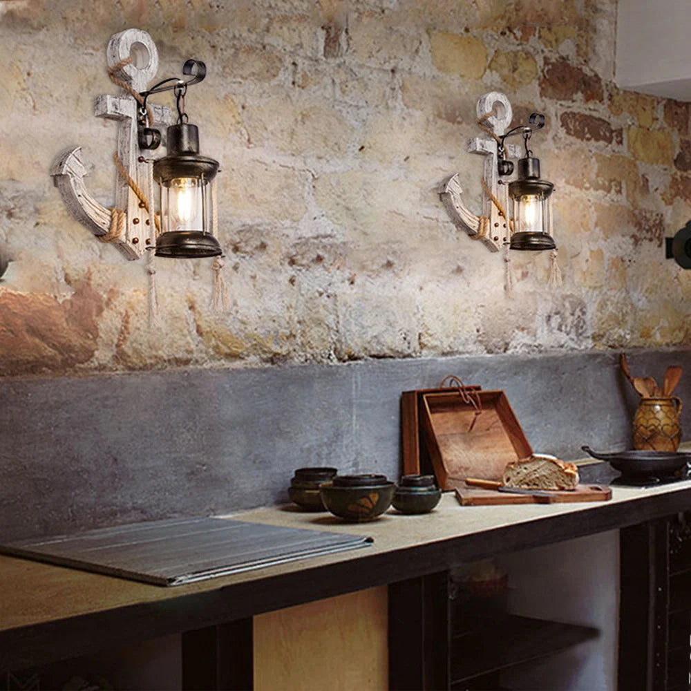 Wall Lamp | Vintage Anchor Lantern & Pine Wood