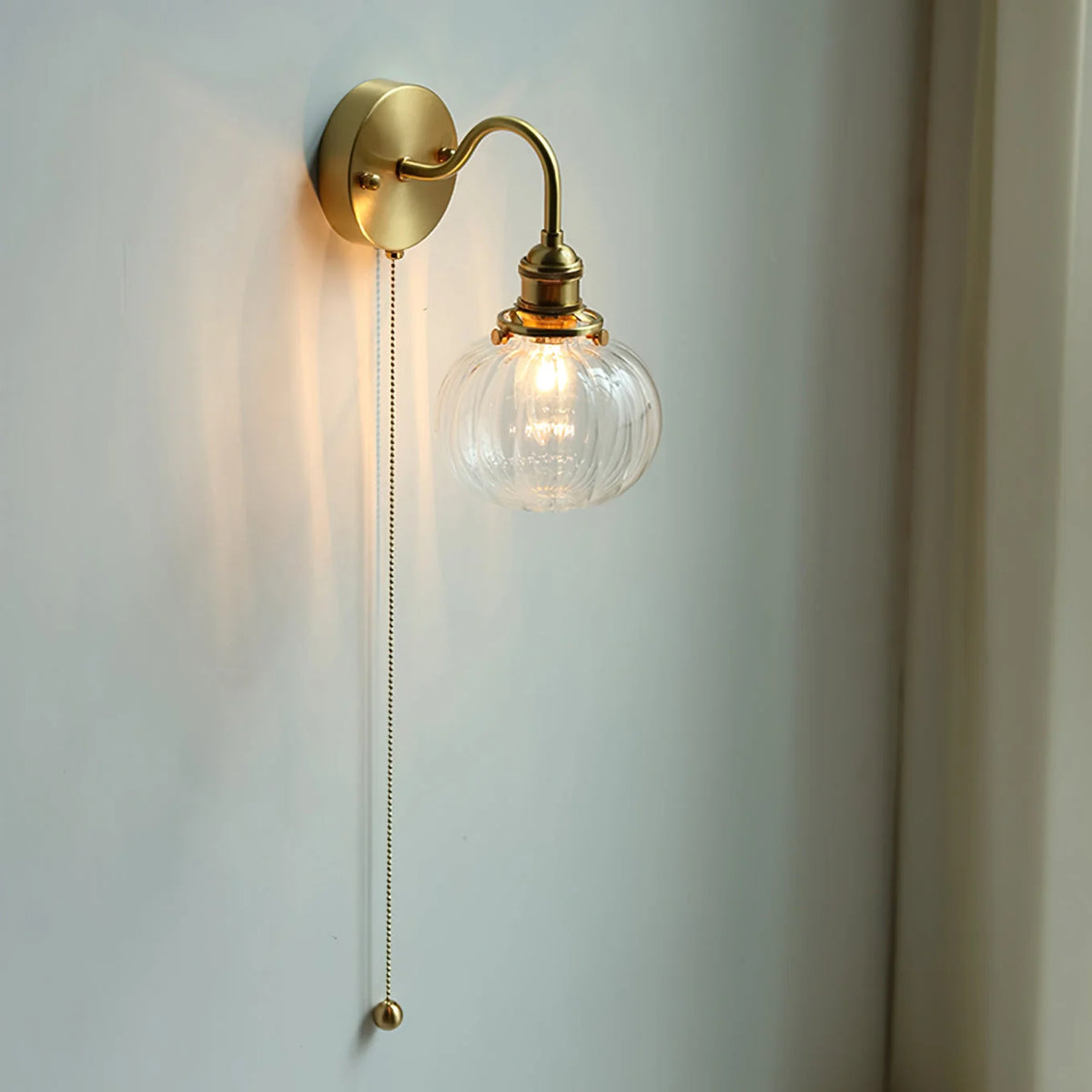 Wall Lamp | Vintage Glass Shade & Brass Finish | Pull Chain