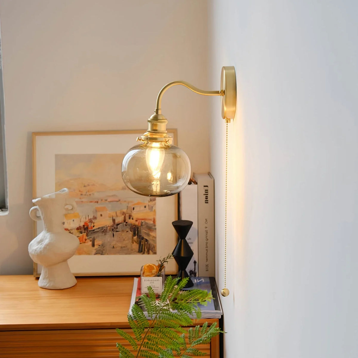 Wall Lamp | Vintage Glass Shade & Brass Finish | Pull Chain
