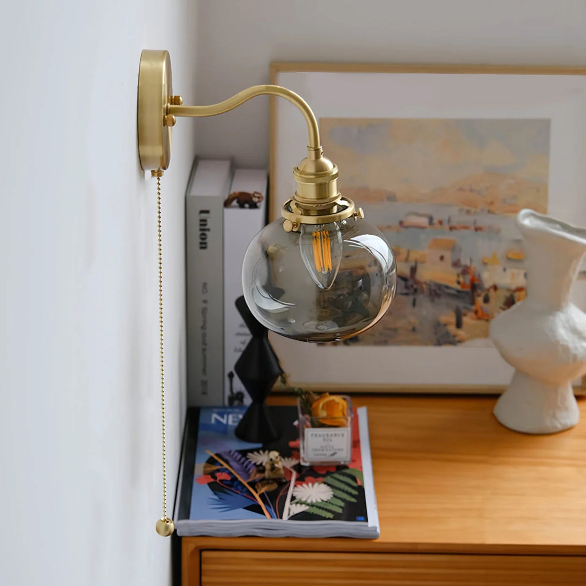 Wall Lamp | Vintage Glass Shade & Brass Finish | Pull Chain