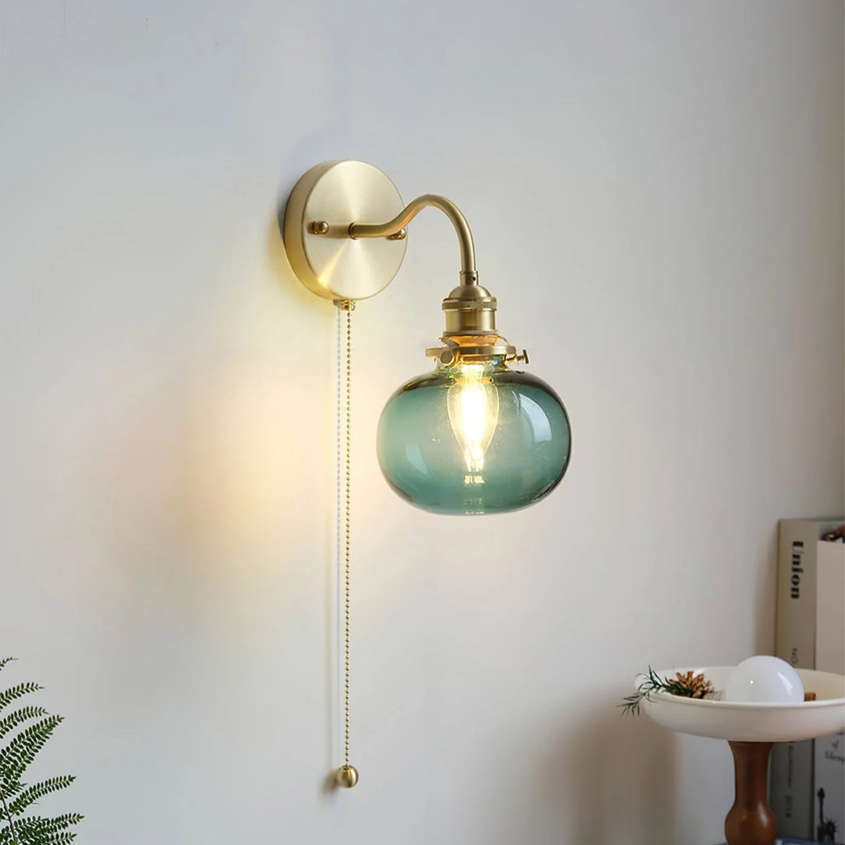 Wall Lamp | Vintage Glass Shade & Brass Finish | Pull Chain