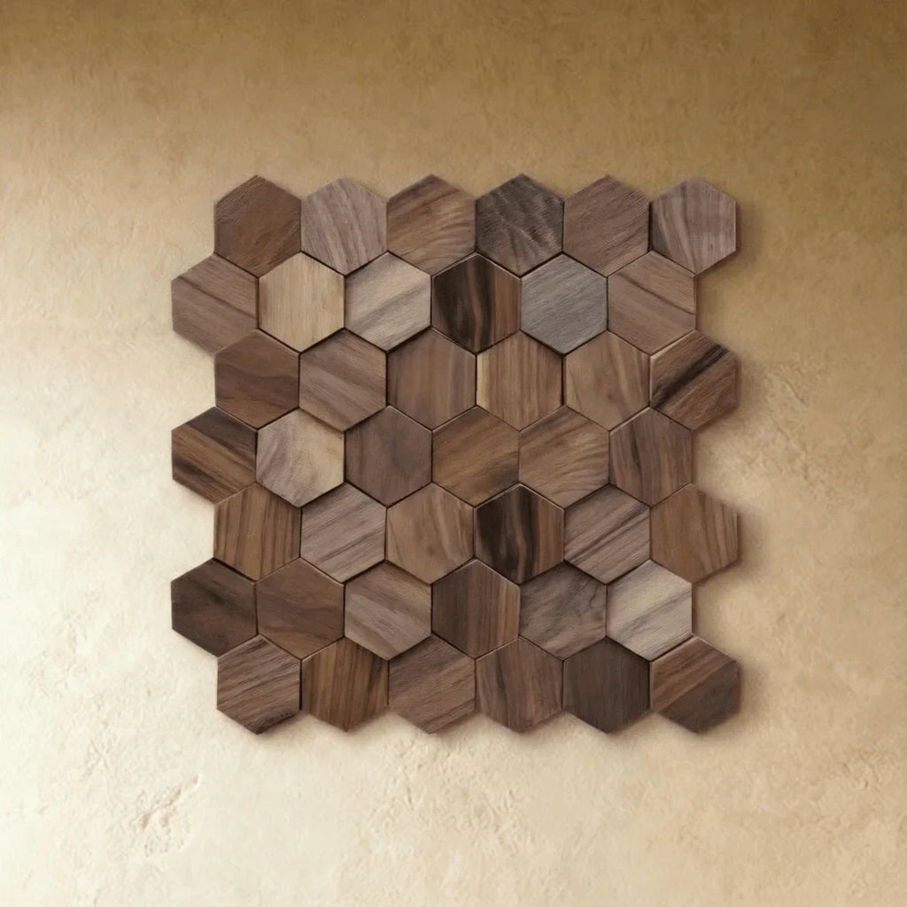 Wall Panel | Solid Wood Hexagonal Mosaic | Walnut Finish