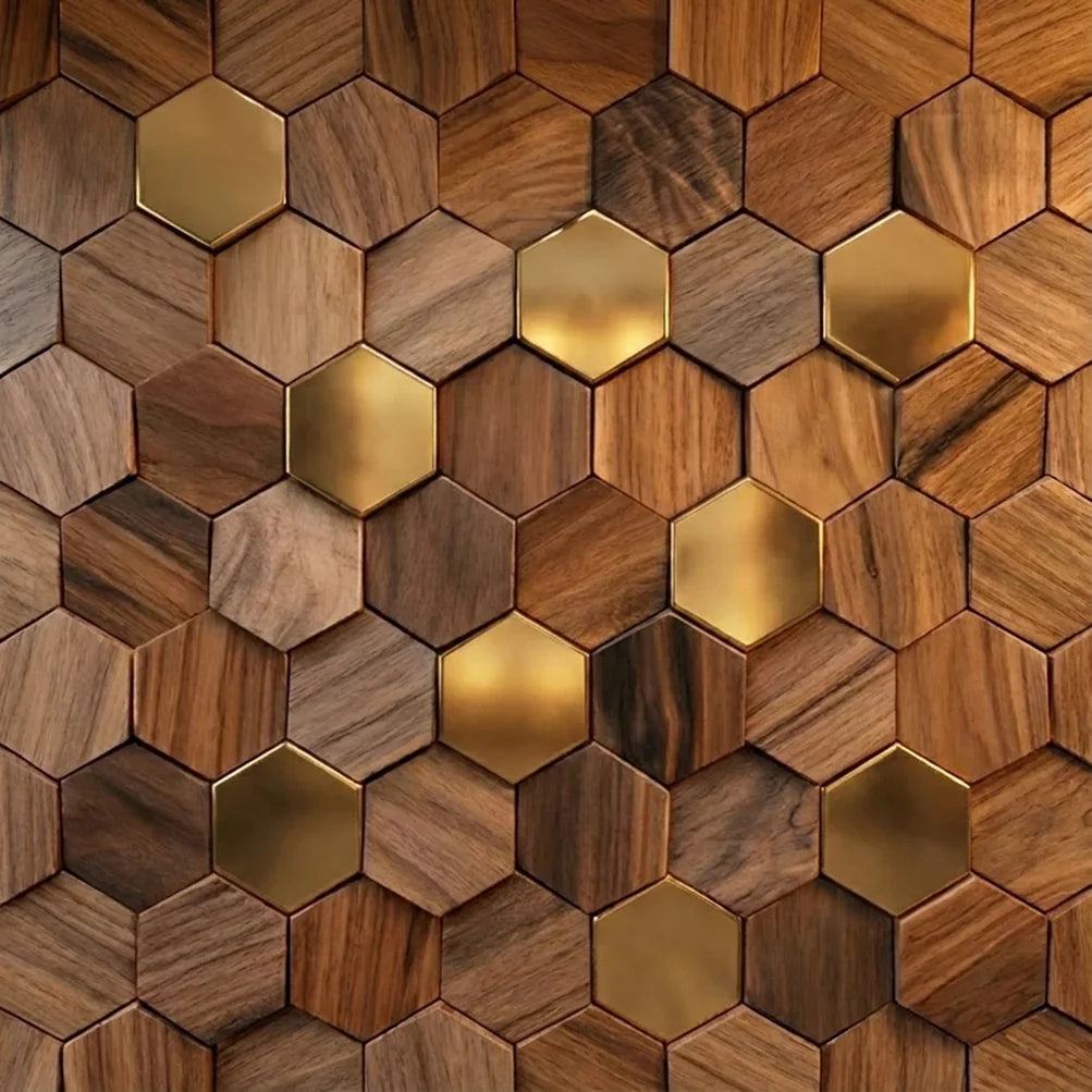 Wall Panel | Solid Wood Hexagonal Mosaic | Walnut Finish