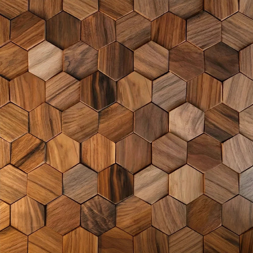 Wall Panel | Solid Wood Hexagonal Mosaic | Walnut Finish