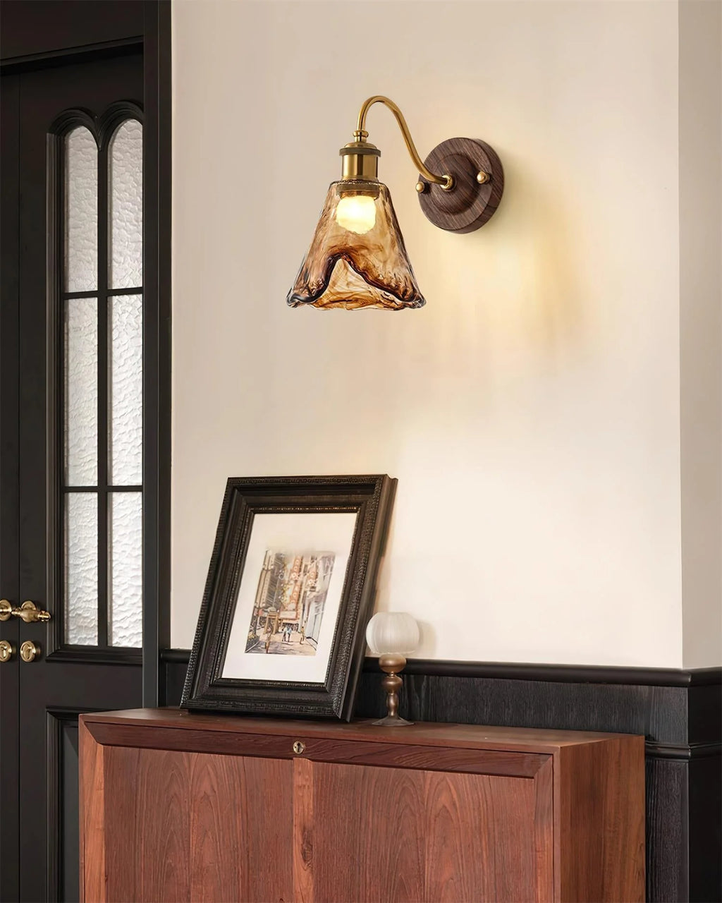 Wall Sconce | Amber Glass Shade & Walnut-Gold Metal | 15 x 24 cm