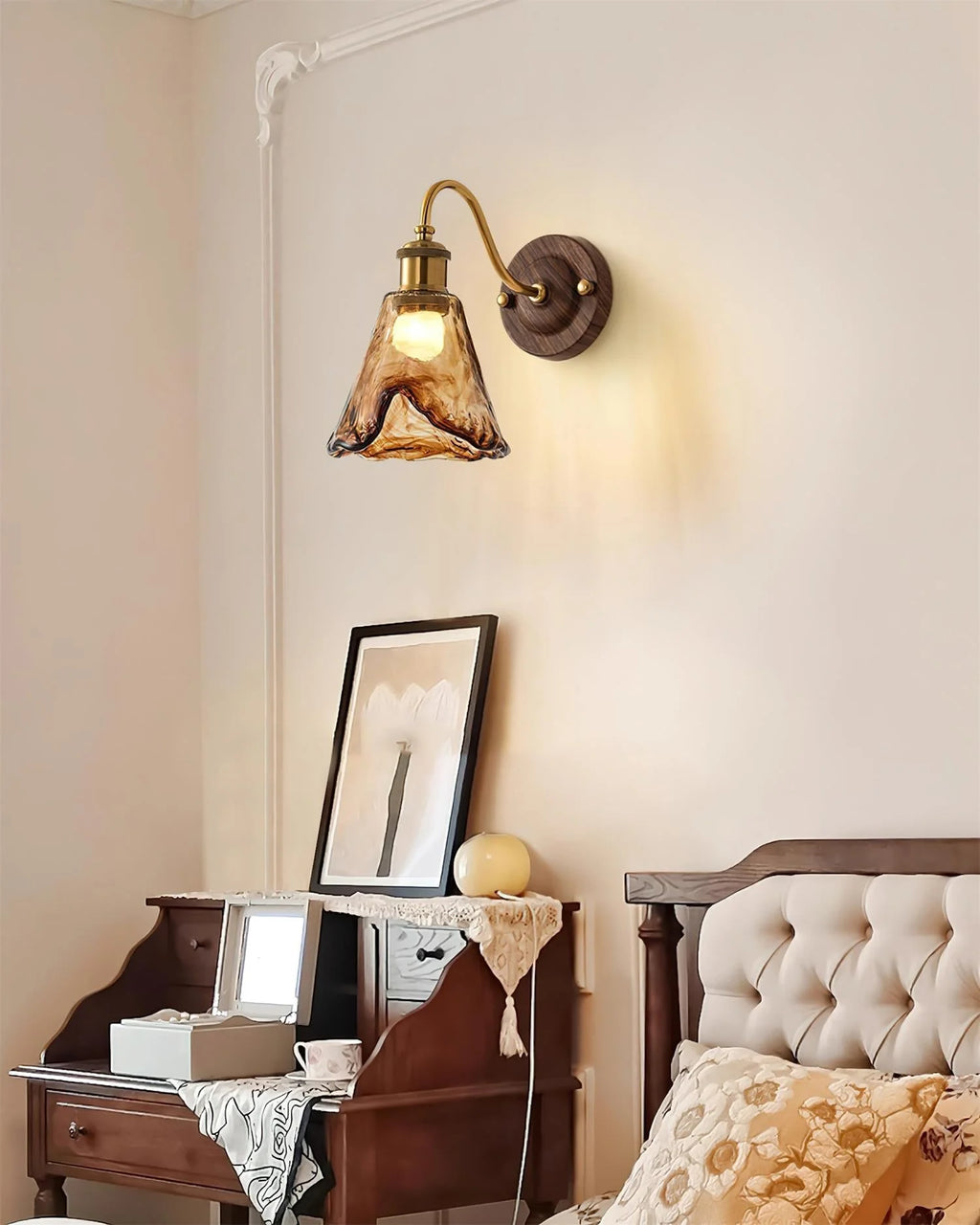 Wall Sconce | Amber Glass Shade & Walnut-Gold Metal | 15 x 24 cm