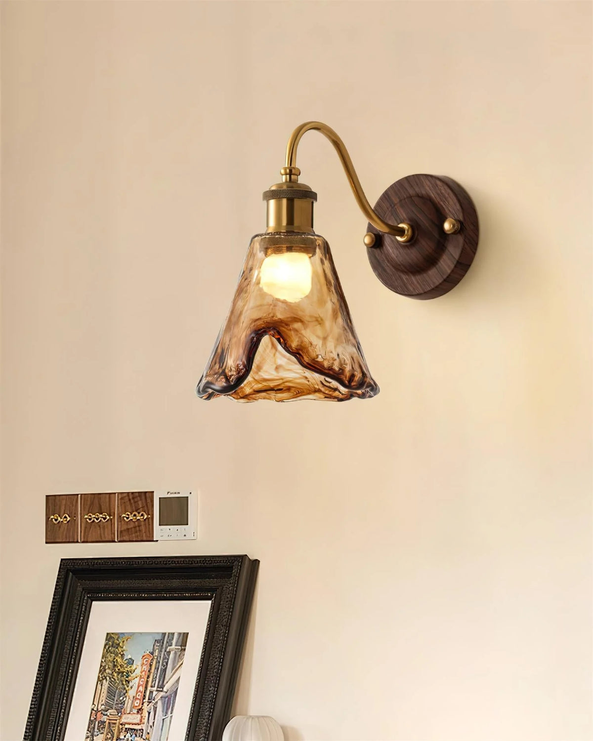 Wall Sconce | Amber Glass Shade & Walnut-Gold Metal | 15 x 24 cm
