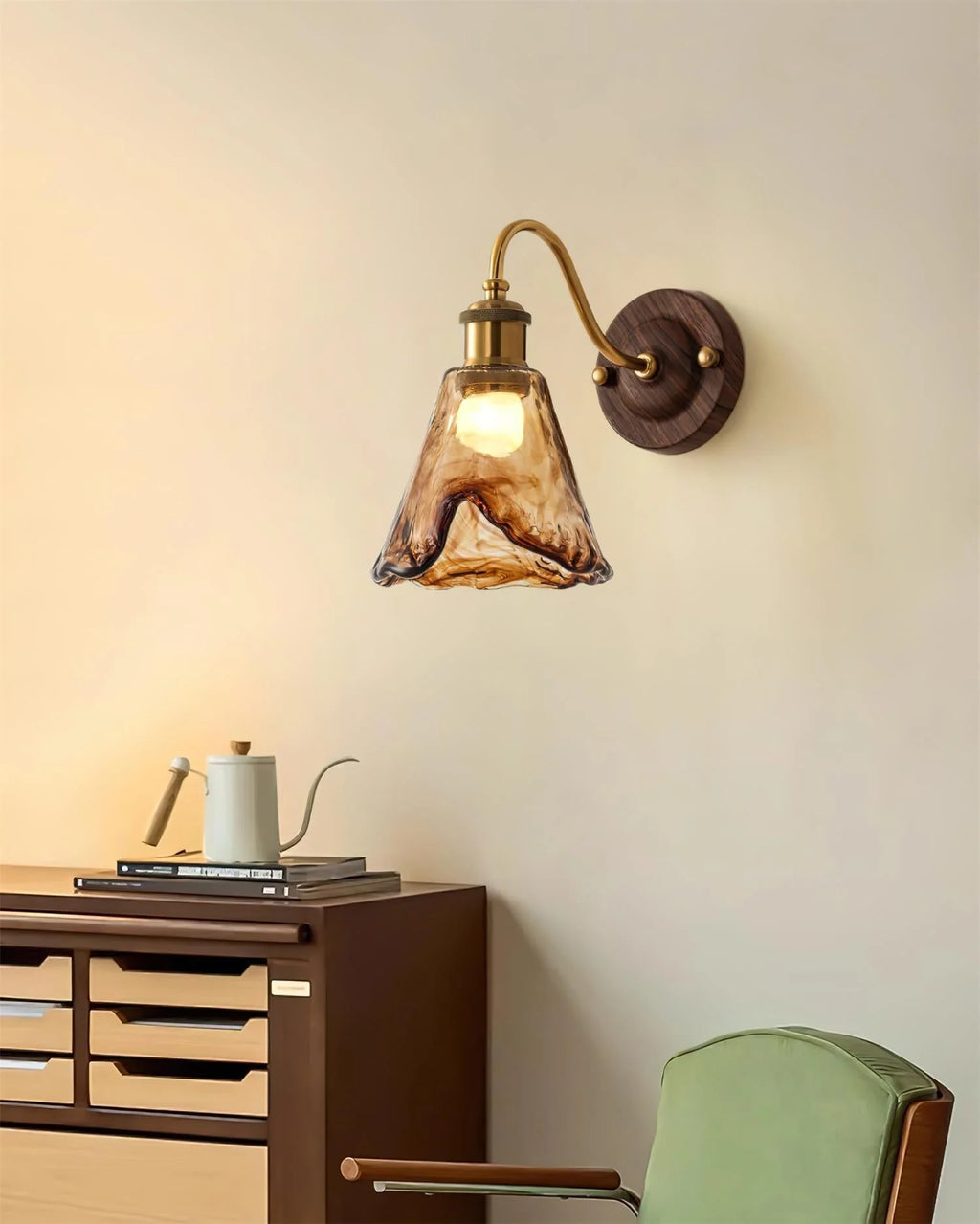 Wall Sconce | Amber Glass Shade & Walnut-Gold Metal | 15 x 24 cm