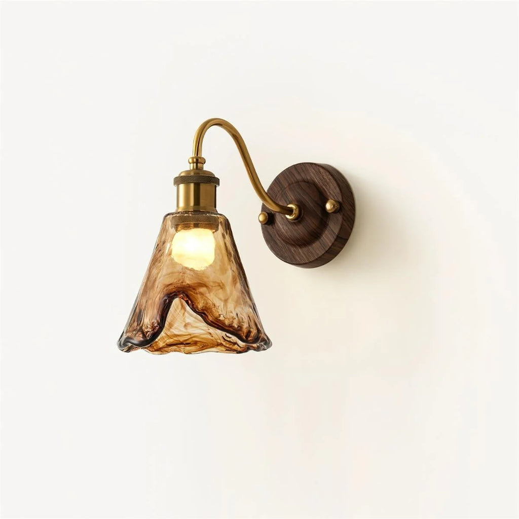 Wall Sconce | Amber Glass Shade & Walnut-Gold Metal | 15 x 24 cm