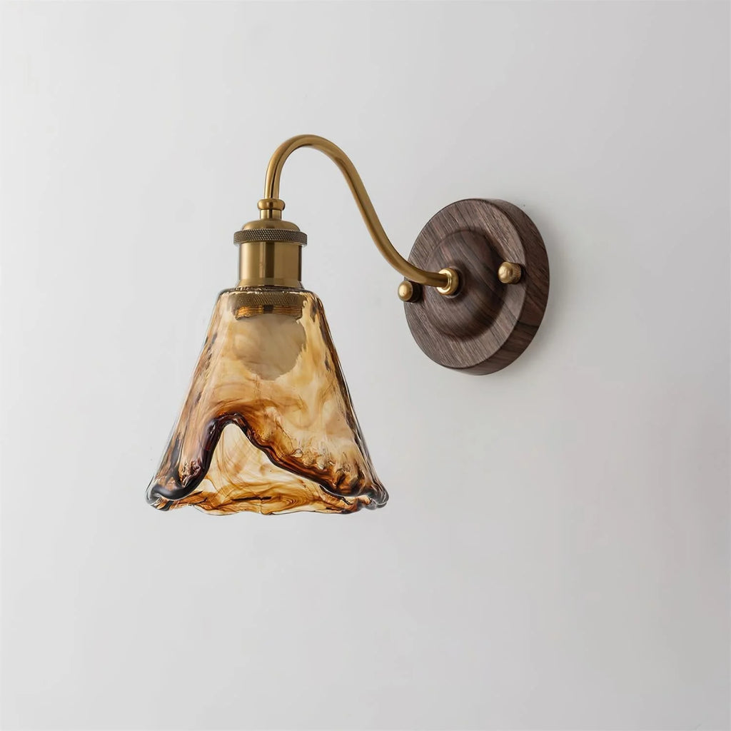 Wall Sconce | Amber Glass Shade & Walnut-Gold Metal | 15 x 24 cm