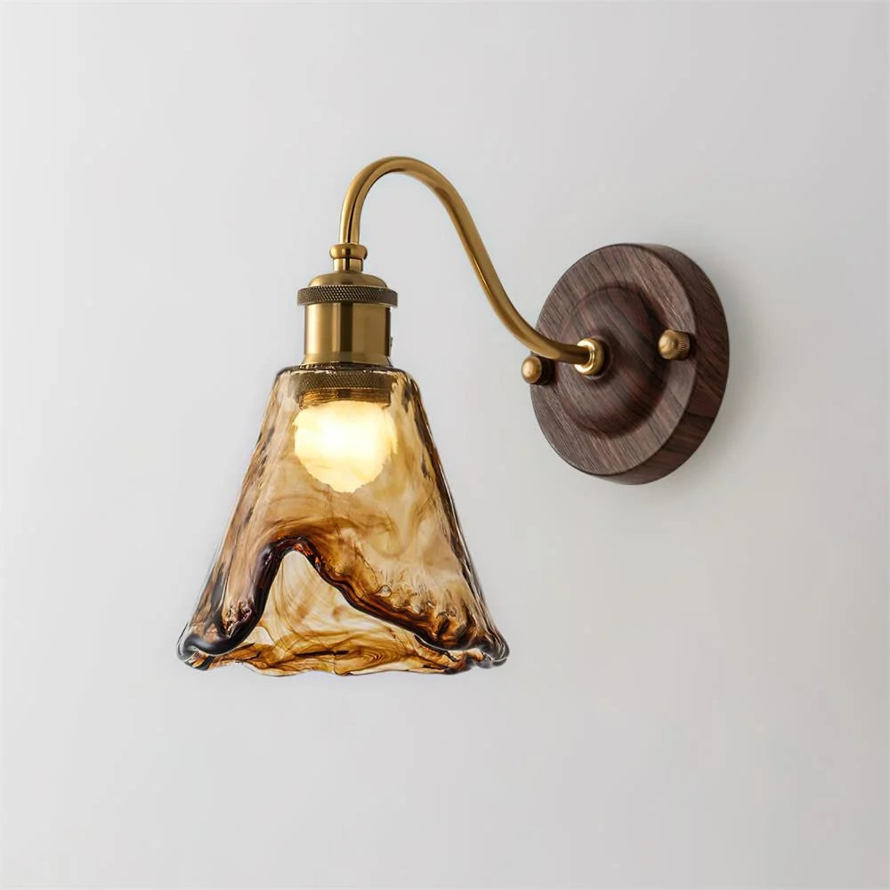 Wall Sconce | Amber Glass Shade & Walnut-Gold Metal | 15 x 24 cm