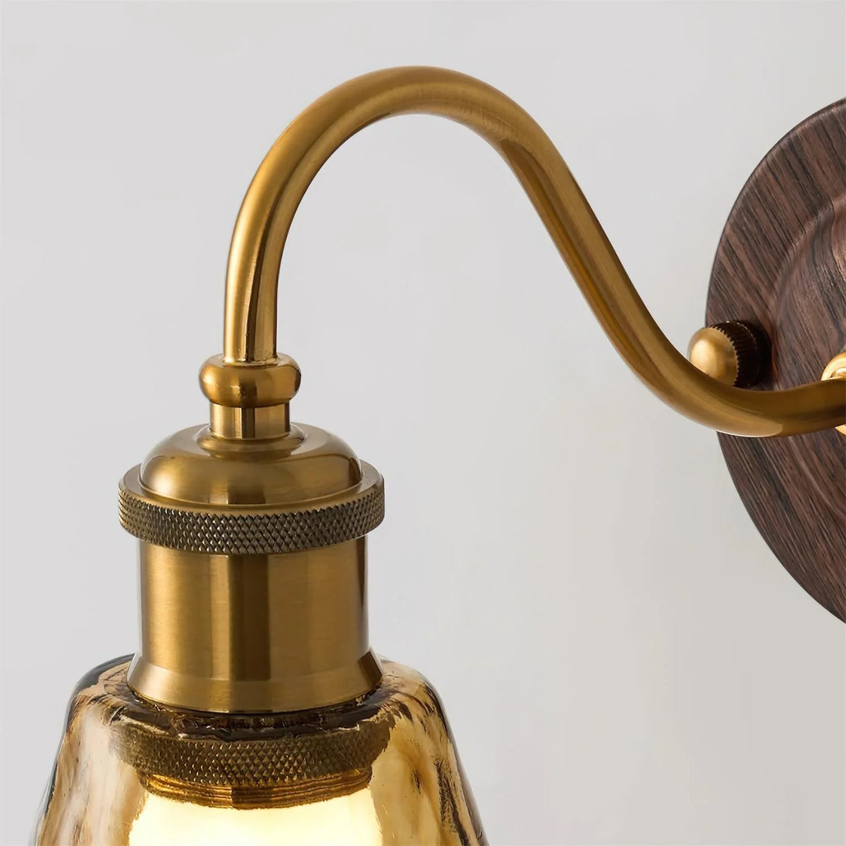 Wall Sconce | Amber Glass Shade & Walnut-Gold Metal | 15 x 24 cm