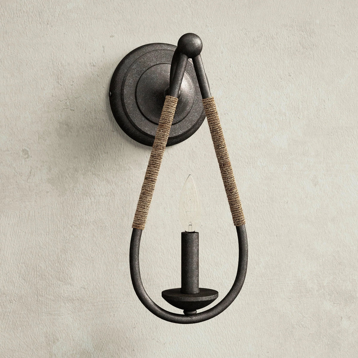 Wall Sconce | Black Iron & Hemp Rope | 33 cm Height