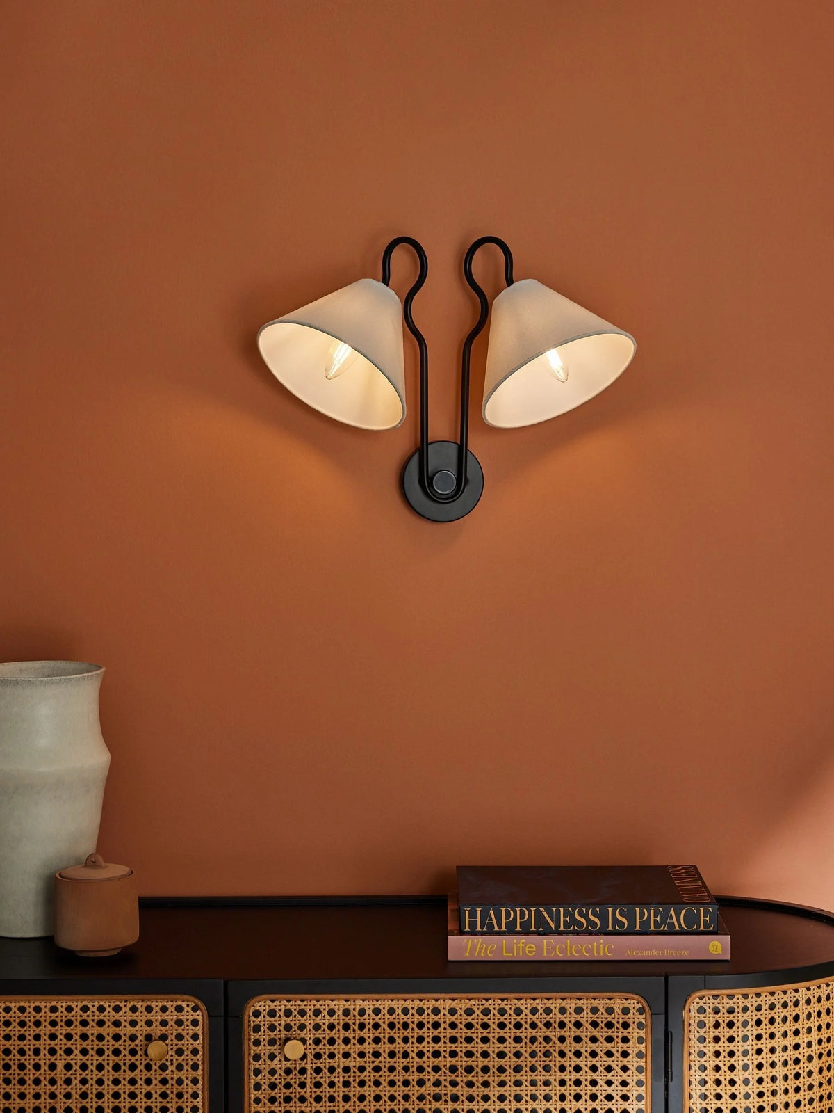 Wall Sconce | Double-Arm Metal Design & Fabric Shades