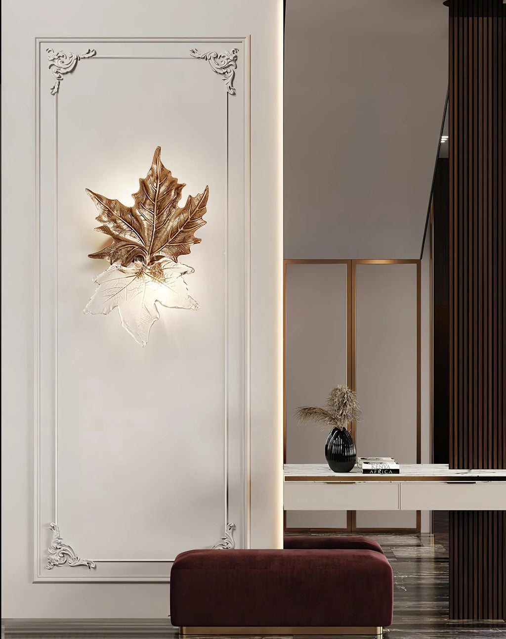 Wall Sconce | Maple Leaf Design Brass & Glass | 31 cm