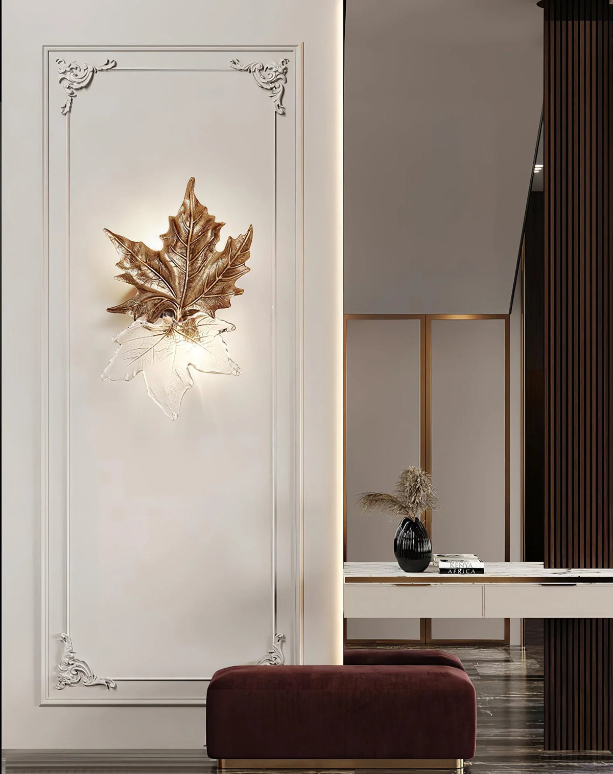 Wall Sconce | Maple Leaf Design Brass & Glass | 31 cm