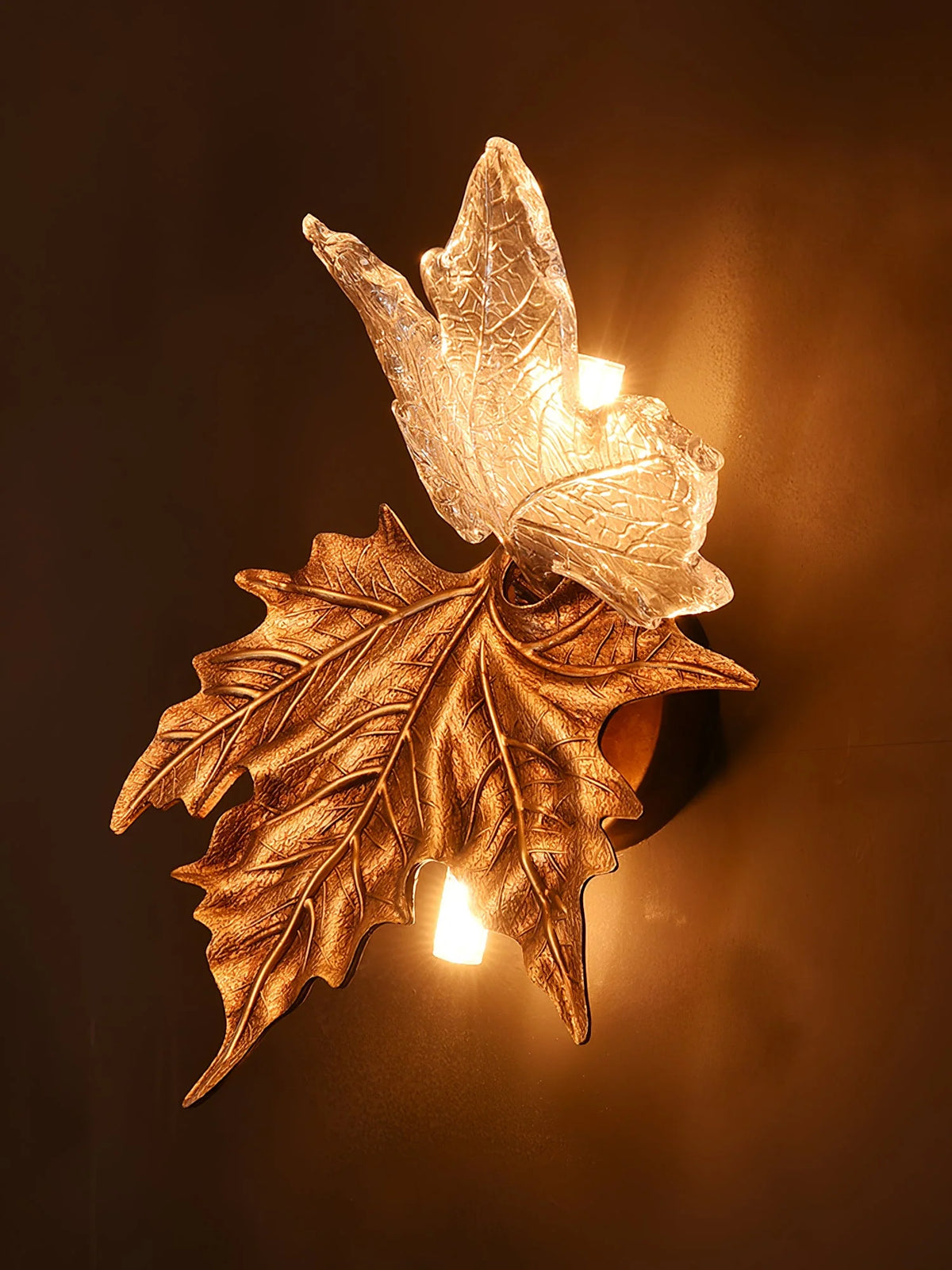 Wall Sconce | Maple Leaf Design Brass & Glass | 31 cm