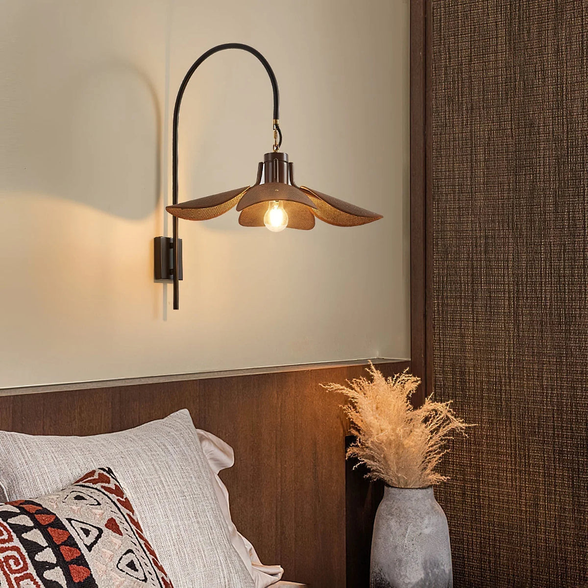 Wall Sconce | Petal Bloom Design | Linen Shade & Wood Accents