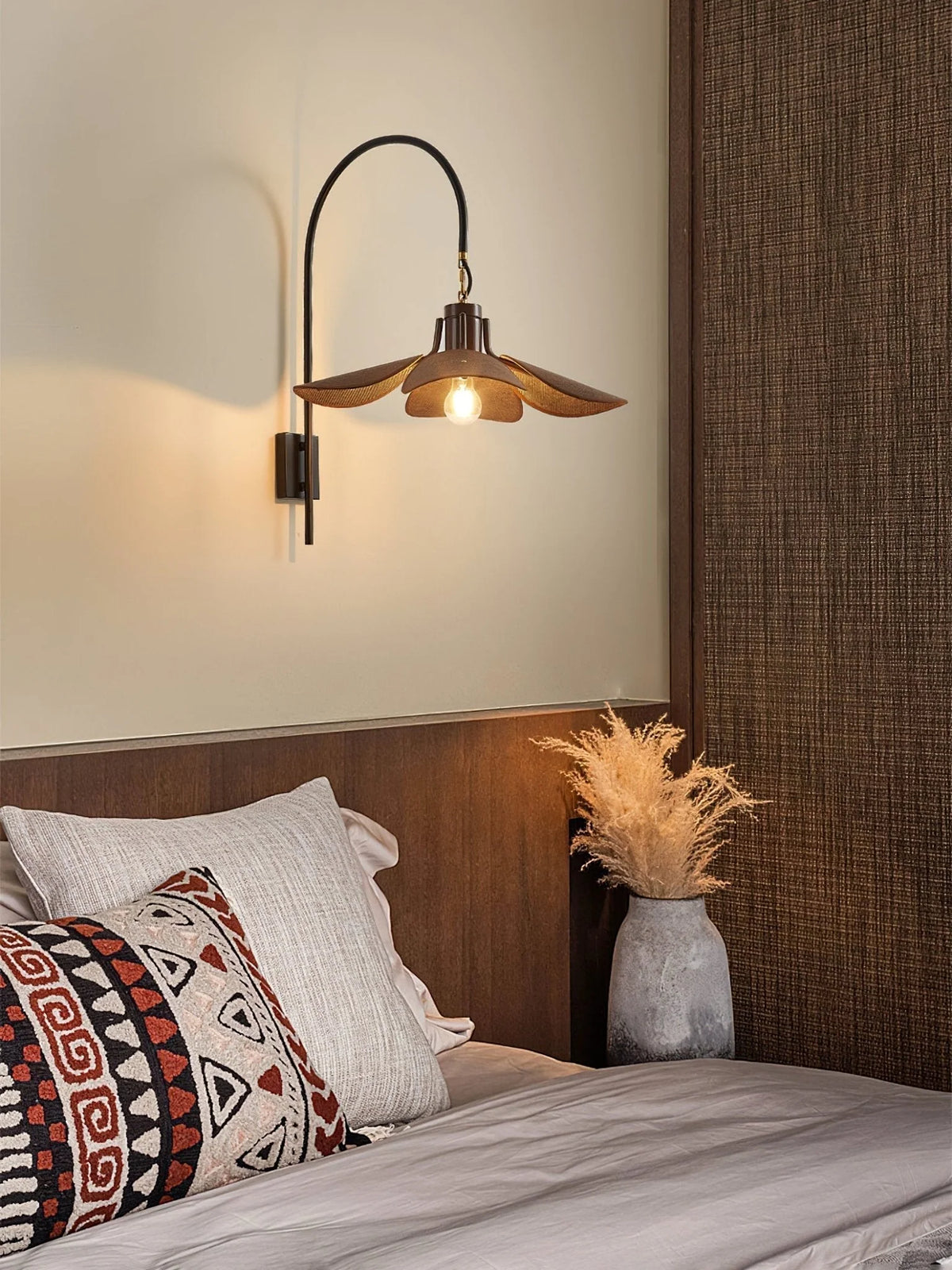 Wall Sconce | Petal Bloom Design | Linen Shade & Wood Accents