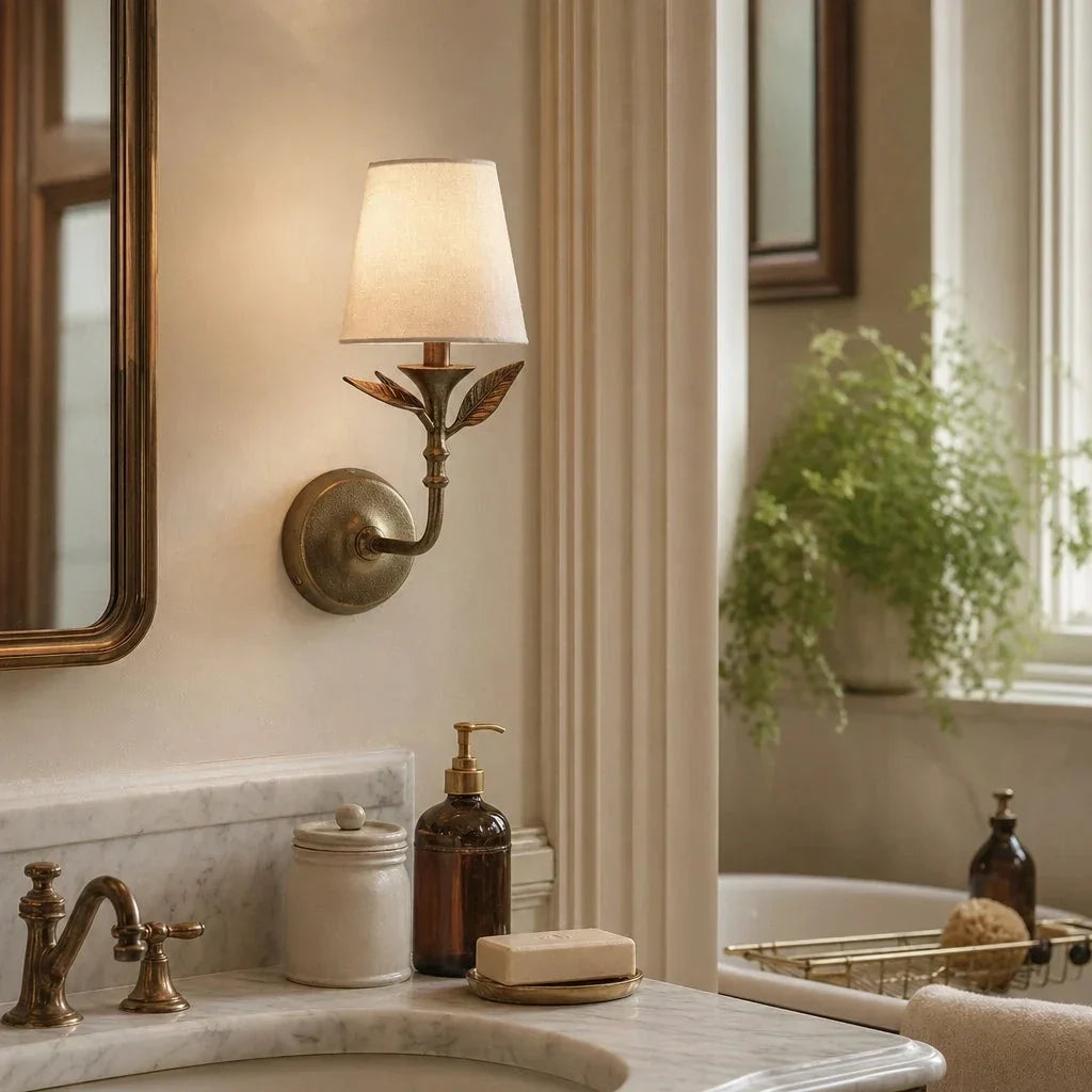 Wall Sconce | Rustic Botanical Forged Iron & Linen Shade