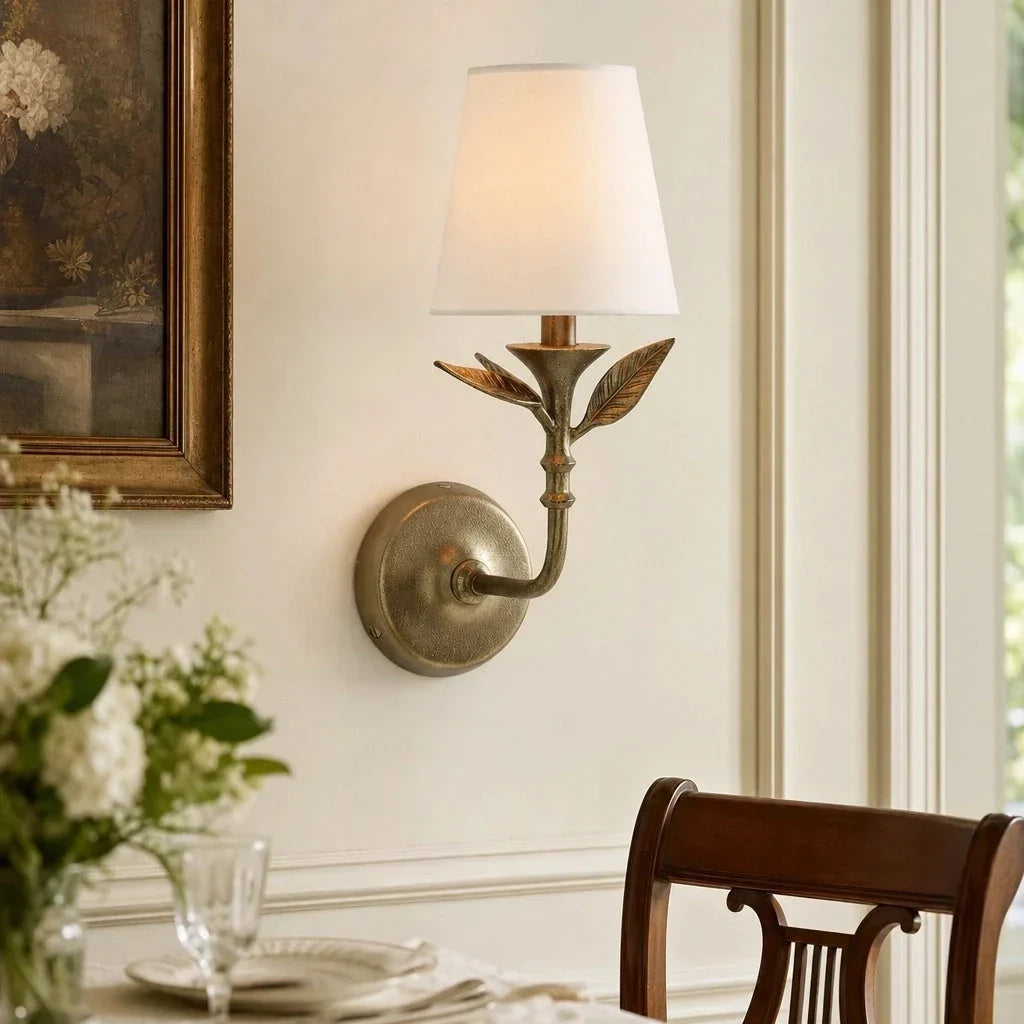 Wall Sconce | Rustic Botanical Forged Iron & Linen Shade