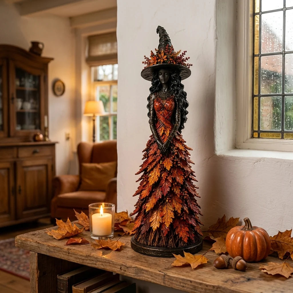 Witch Figurine | Handcrafted & Leaf-Accented | Autumn Home Accent