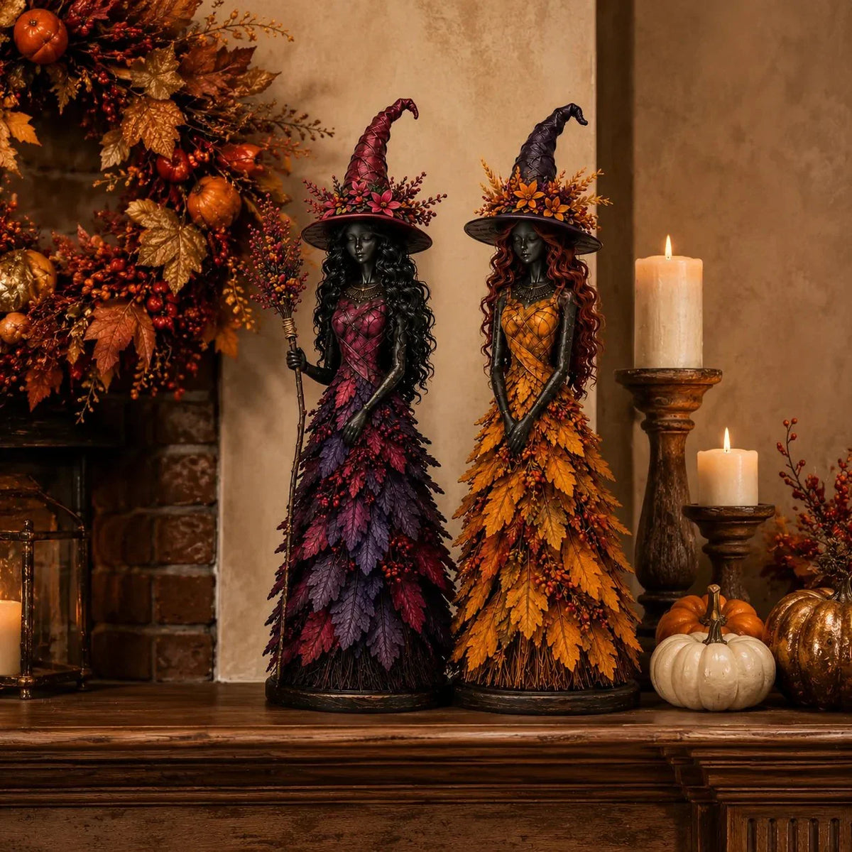 Witch Figurine | Handcrafted & Leaf-Accented | Autumn Home Accent