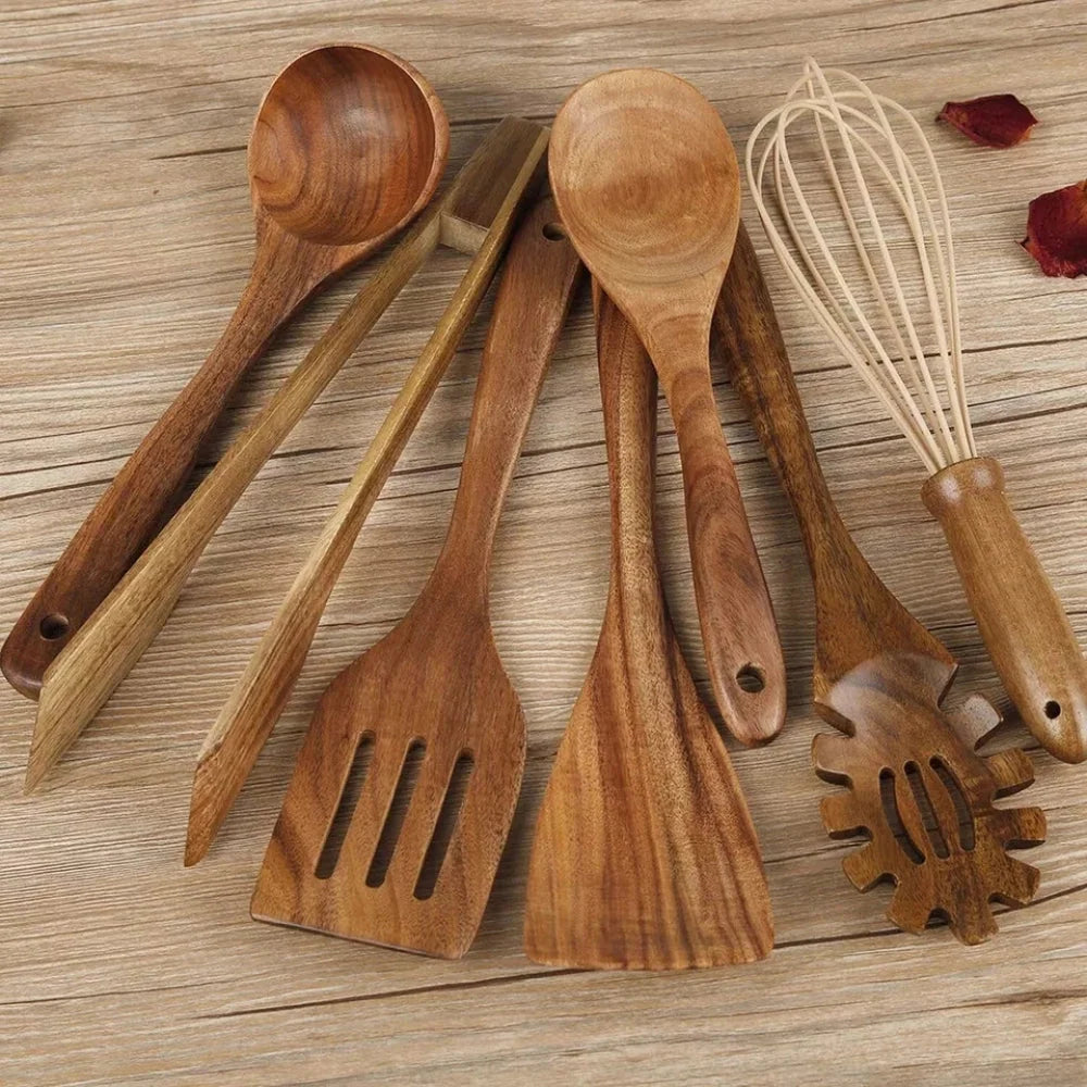 Wooden Cooking Ut utensil Set | Natural Wood, Heat-Resistant & Non-Scratch | Set of 7