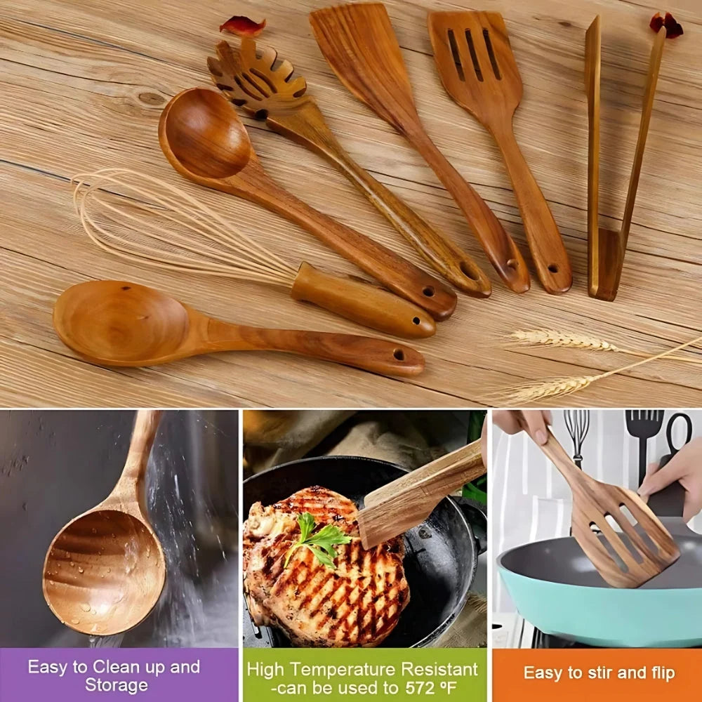 Wooden Cooking Ut utensil Set | Natural Wood, Heat-Resistant & Non-Scratch | Set of 7